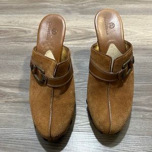 Under $20 bogo 50% off. Suede Cole Haan clogs, size 9, lovely caramel color.